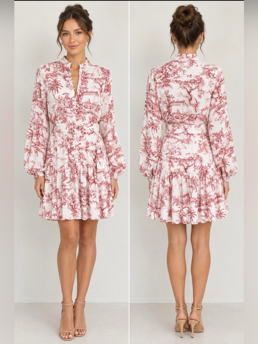 Commense Toile Print Pearl Button Up Long Sleeve Dress with tie waist.